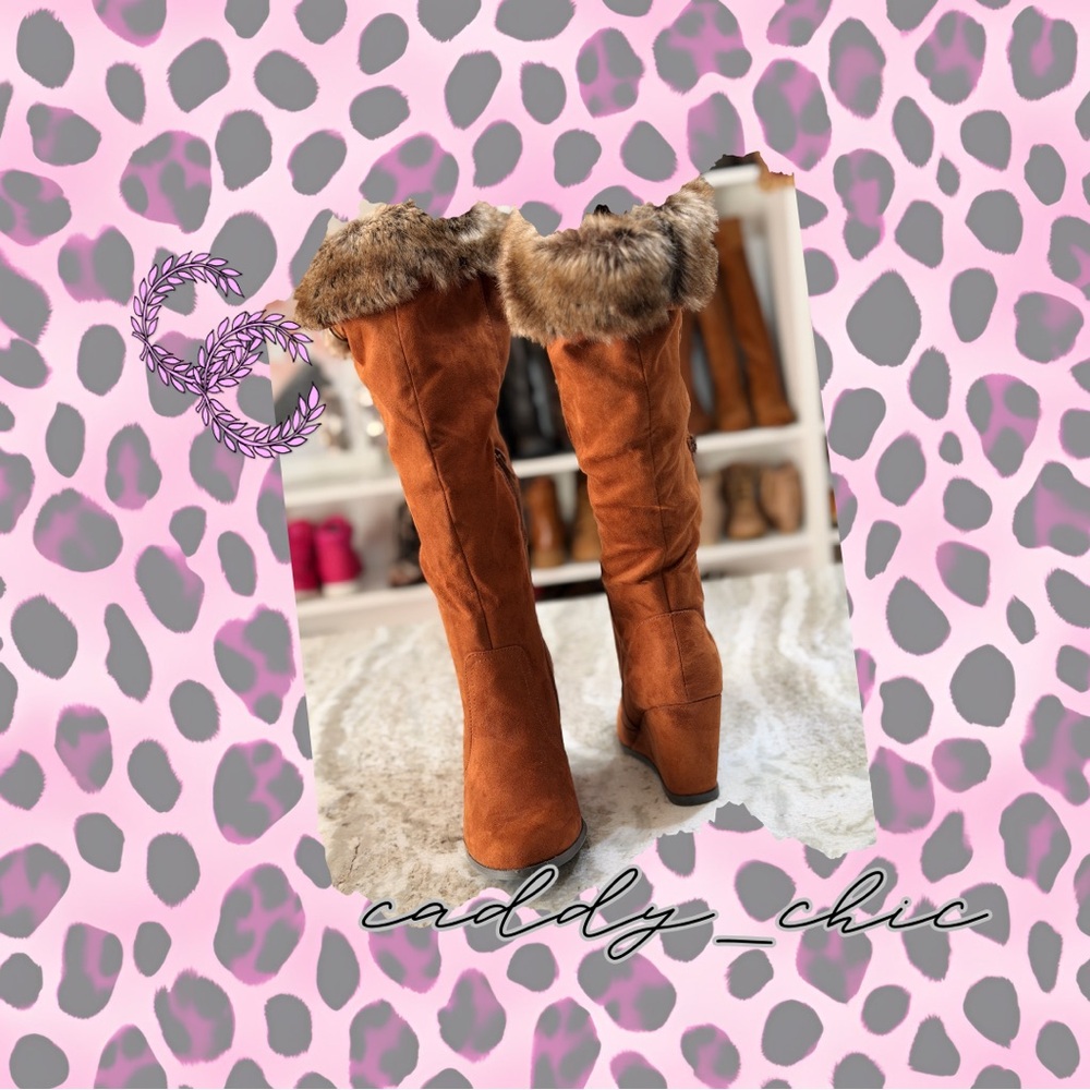 Qupid Faux Suede Wedge Boots Brown Fur Trim Size 9 NWOT – 16.5” Shaft 3.5” Heel